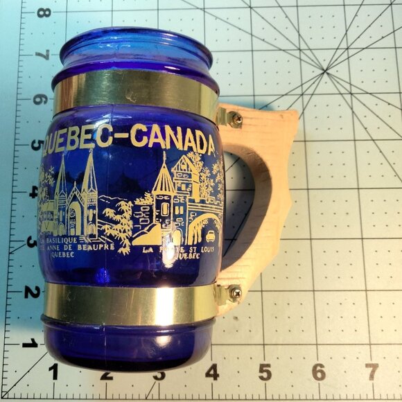 Quebec Canada Souvenir Cobalt Blue Glass Mug Wooden Handle Vintage - Picture 6 of 12